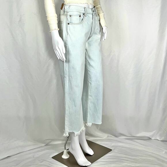 American Eagle Blue Light Wash Button Fly Raw Hems Wide Leg Crop Jeans Sz2 NWOT - Picture 1 of 9